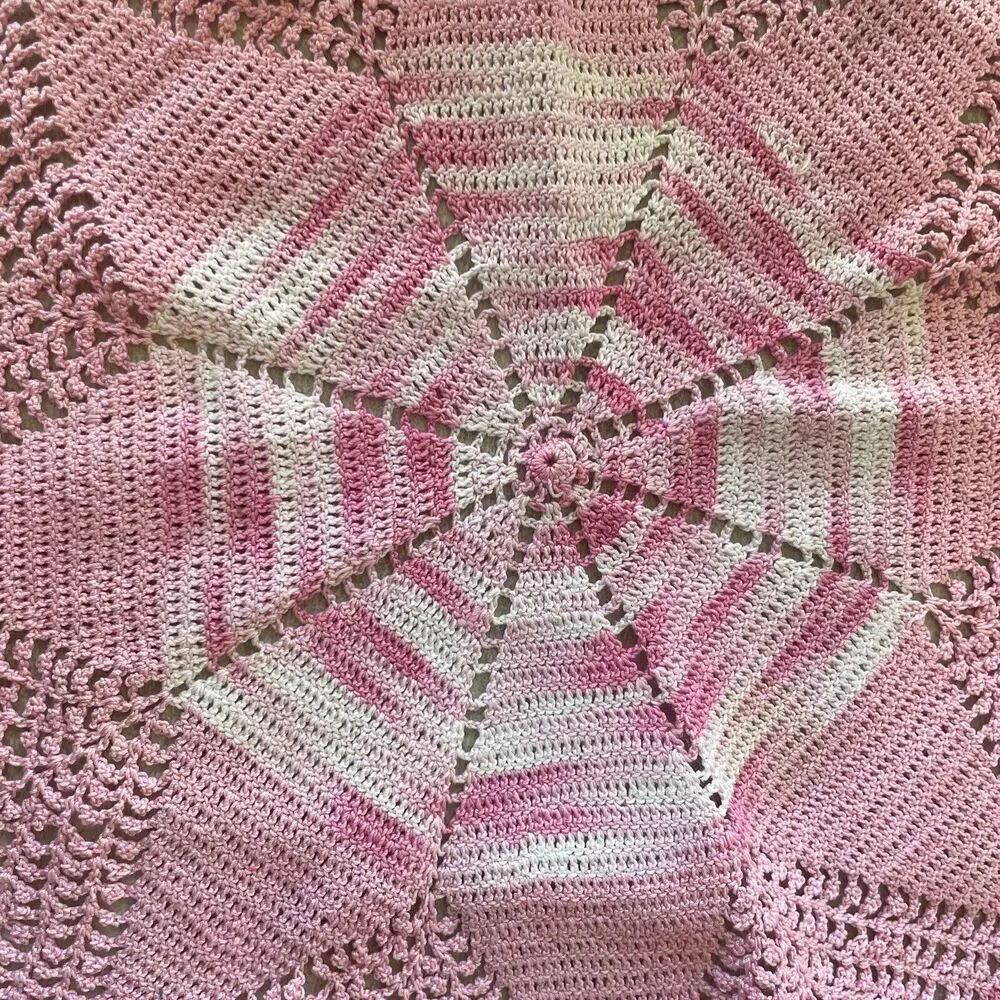 VINTAGE HANDCROCHETED TABLETOPPER/DOILEY Pink And White 12”